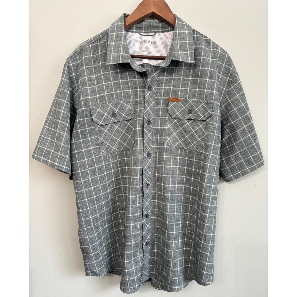 Orvis Size XL Mens Shirt Plaid Short Sleeve Button Up Gray White Lightweight